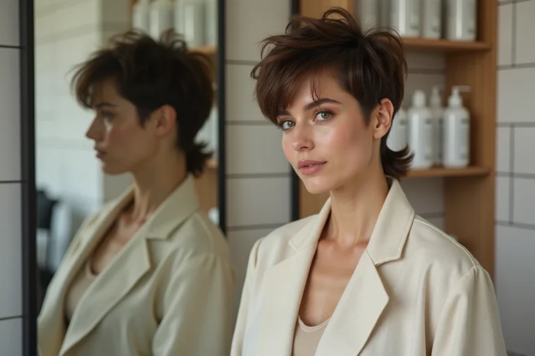 Femme aux cheveux mulet moderne court devant un miroir de salon de coiffure contemporain