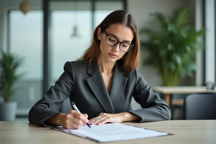 Femme notaire en costume gris révisant un contrat juridique dans un bureau moderne et contemporain