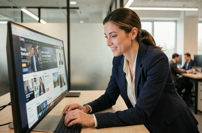 Femme professionnelle découvrant les nouveautés et mises à jour sur une plateforme business moderne au bureau