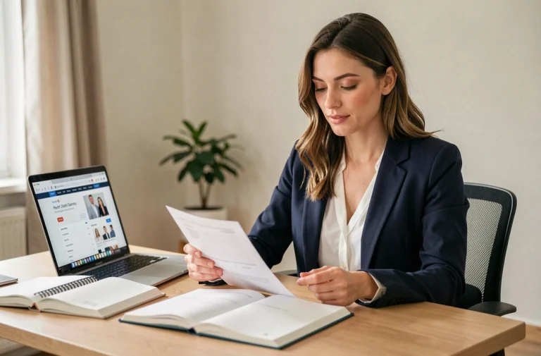 Femme consultant son CV sur un bureau en bois dans un bureau à domicile moderne, illustrant la recherche d'emploi efficace