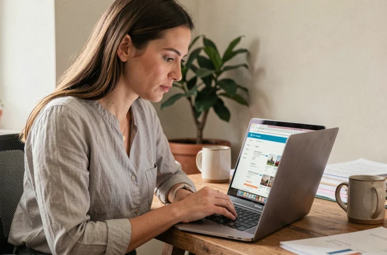 Femme utilisant un site d'offres d'emploi sur son ordinateur portable dans un bureau à domicile