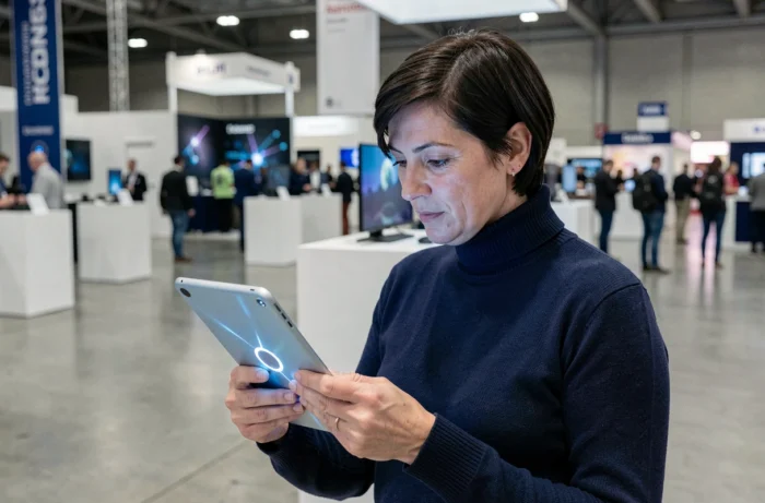 Femme examinant une tablette innovante lors du salon Faljam 2024 à Rennes