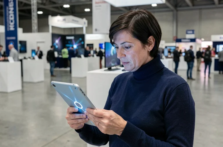 Femme examinant une tablette innovante lors du salon Faljam 2024 à Rennes