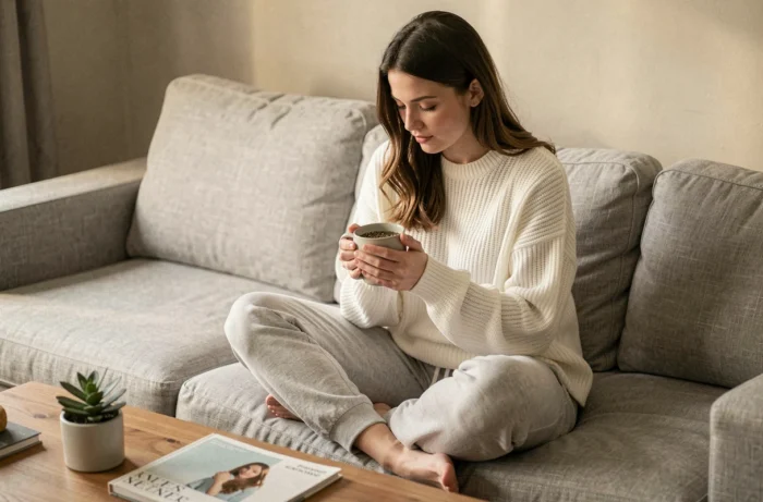Femme détendue buvant une tisane Lulutox chez elle dans un salon cosy