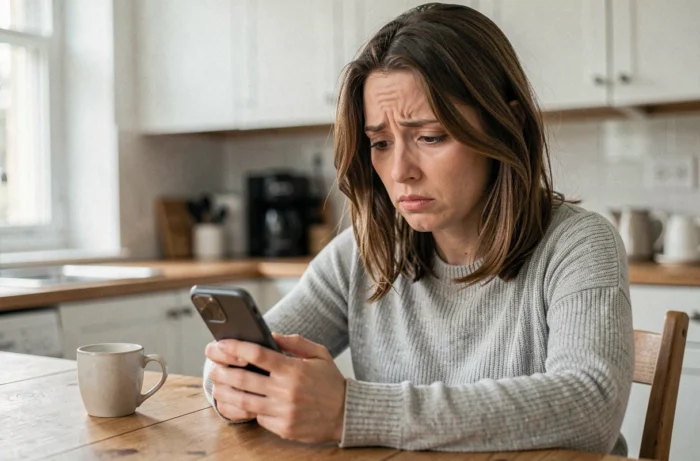 Femme perplexe regardant son smartphone après la suppression d'un groupe WhatsApp