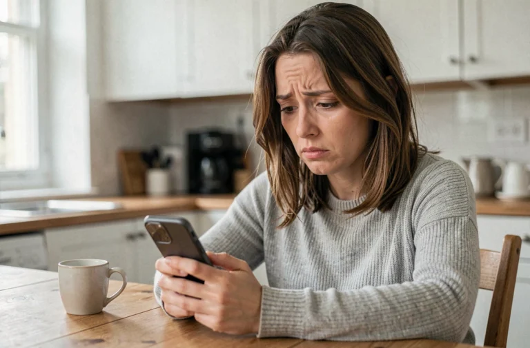 Femme perplexe regardant son smartphone après la suppression d'un groupe WhatsApp