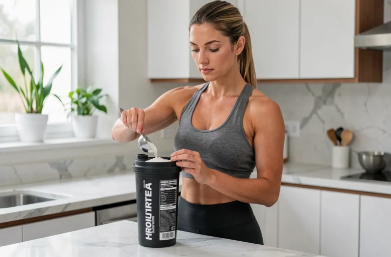 Femme sportive préparant une boisson protéinée avec une poudre de protéine dans sa cuisine moderne