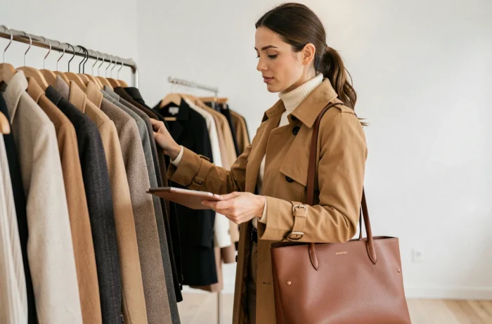 Femme élégante en trench camel explorant les tendances mode dans une boutique parisienne minimaliste