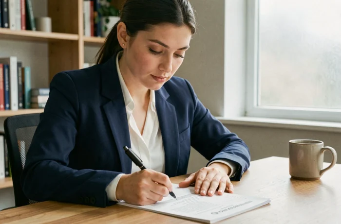 Jeune femme concentrée qui complète un test psychotechnique SNCF sur papier, assise à un bureau en bois dans une salle d'étude moderne