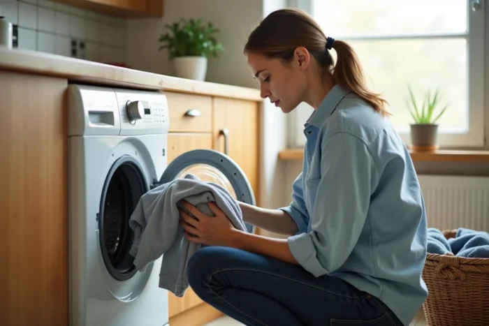 Femme triant le linge devant un lave-linge à chargement frontal dans une cuisine-buanderie chaleureuse avec rangements en bois