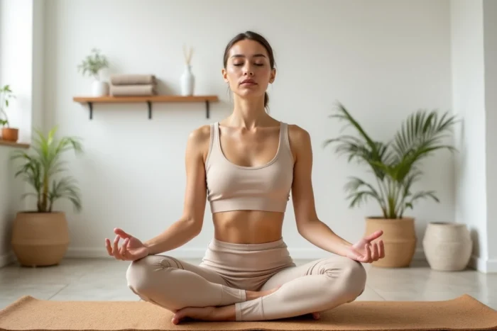 Femme pratiquant la méditation et le yoga chez elle pour améliorer son bien-être et sa récupération sportive