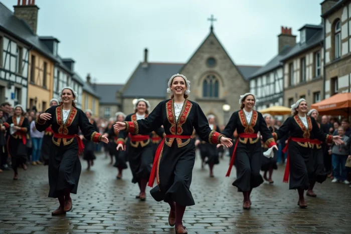 Danseurs en costumes traditionnels bretons lors d'un fest-noz sur une place pavée avec une église médiévale en arrière-plan