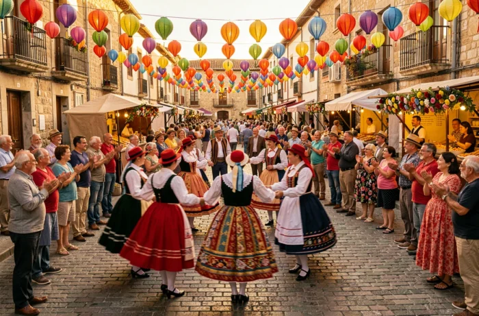 Catalan dancers in traditional costumes during the Festa Major de La Jonquera, surrounded by families and colorful garlands in the village square