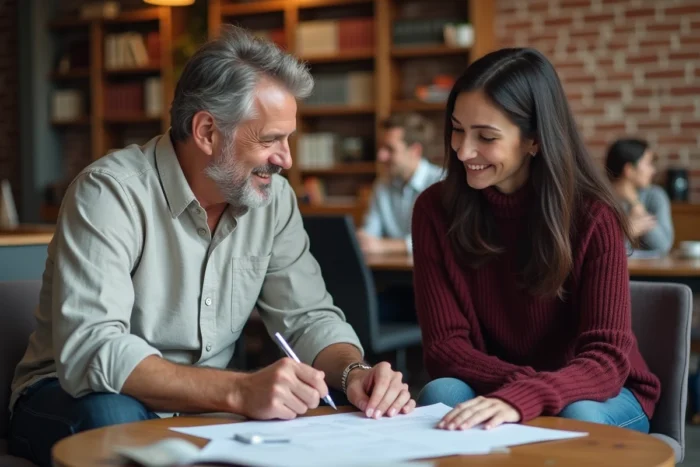 Coach masculin et cliente en fin de séance de coaching dans un espace de coworking chaleureux autour d'un plan d'action