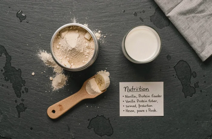 Vue aérienne d'ingrédients et poudres de protéine disposés sur une surface en ardoise pour comparer les options nutritionnelles