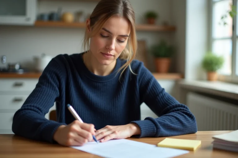 Femme remplissant un formulaire de réexpédition de courrier temporaire à une table de cuisine