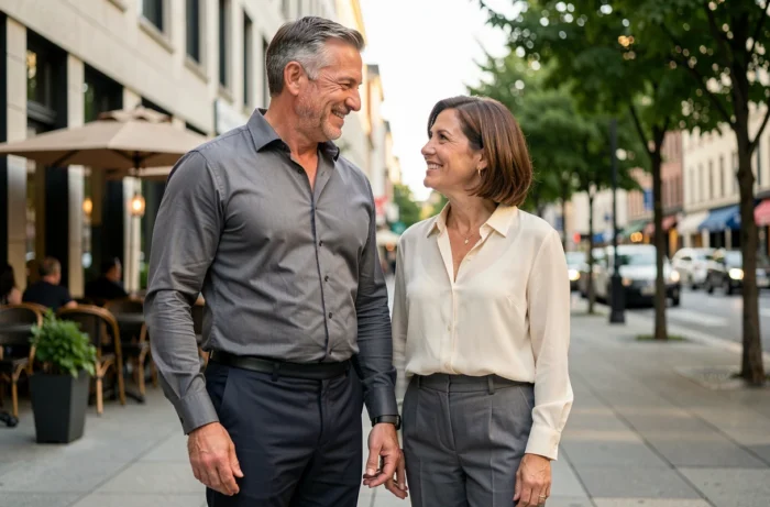 Frank Dux et sa compagne en tenue décontractée chic dans un cadre urbain élégant, couple souriant côte à côte