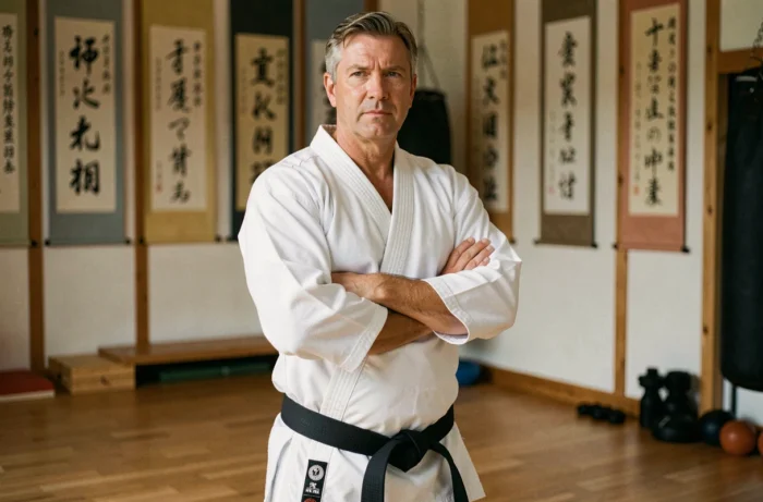 Portrait d'un homme athlétique en gi de karaté dans un dojo traditionnel, illustrant Frank Dux et sa carrière martiale