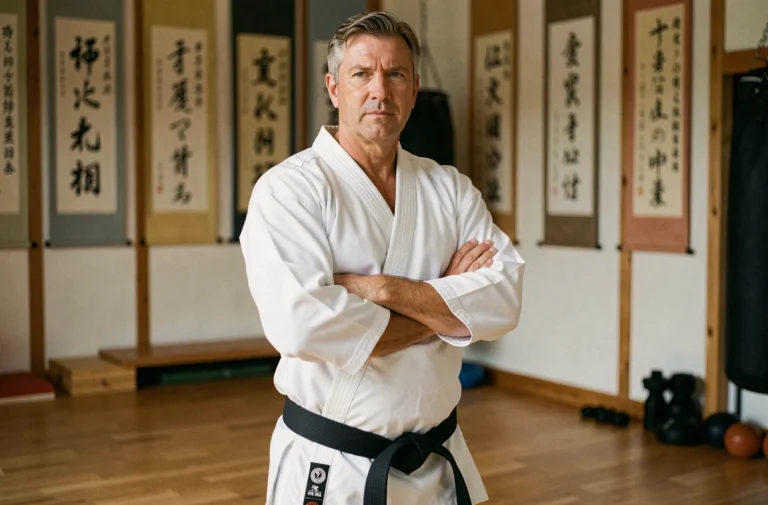 Portrait d'un homme athlétique en gi de karaté dans un dojo traditionnel, illustrant Frank Dux et sa carrière martiale