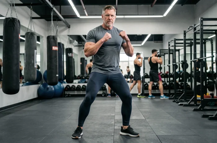 Portrait en pied d'un homme athlétique pratiquant les arts martiaux dans une salle de sport moderne, démontrant sa morphologie et sa condition physique