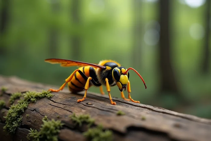 Frelon géant asiatique en gros plan sur une surface en bois dans une forêt, détails macro des ailes et du dard
