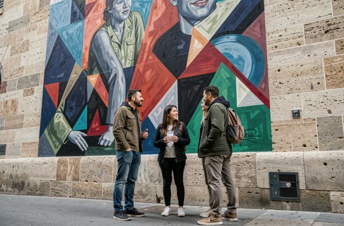 Gruppe von Personen vor einem zeitgenössischen Wandgemälde im Viertel Croix-Rousse in Lyon