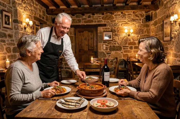 Table filled with Catalan specialties in a rustic restaurant in Alt Empordà, with grilled anchovies, escudella, and tomato bread served by a waiter