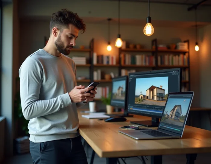 Motion design graphic designer visualizing animated real estate videos on smartphone and computer