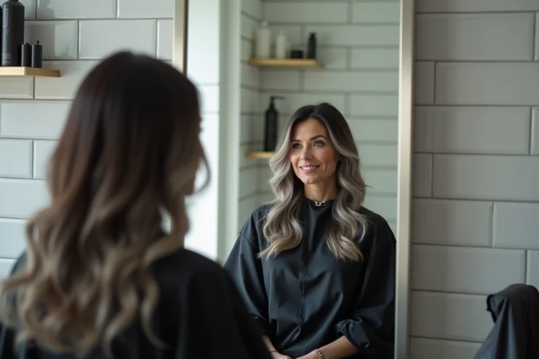 Femme brune aux racines grises fondues naturellement assise dans un salon de coiffure moderne, illustrant le grey blending pour cheveux foncés