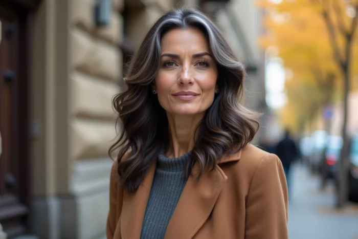 Femme aux cheveux bruns ondulés avec un grey blending argenté naturel, posant en extérieur en automne dans un manteau camel