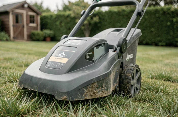 Gros plan sur une tondeuse électrique sans fil avec indicateur de batterie posée sur une pelouse tondue