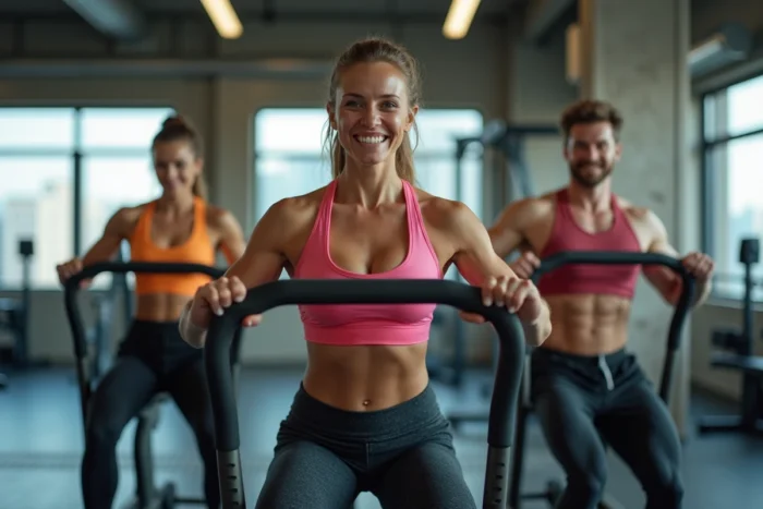 Groupe de jeunes adultes souriants s'entraînant sur des appareils de musculation dans une salle de sport moderne, illustrant les bienfaits de l'activité physique régulière en groupe pour la santé