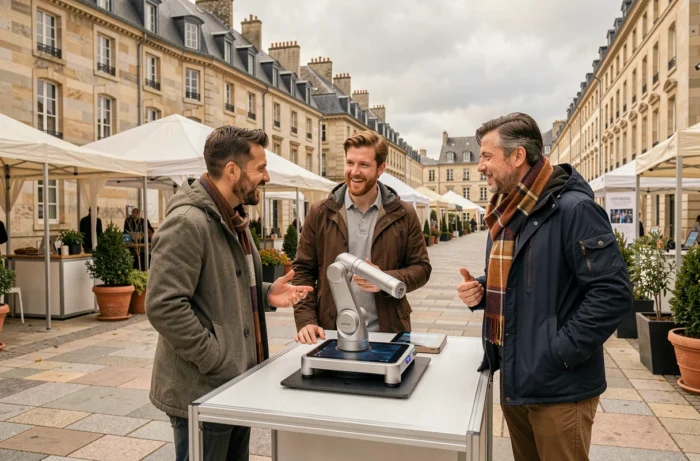Groupe de professionnels découvrant des prototypes technologiques au salon Faljam en plein air à Rennes
