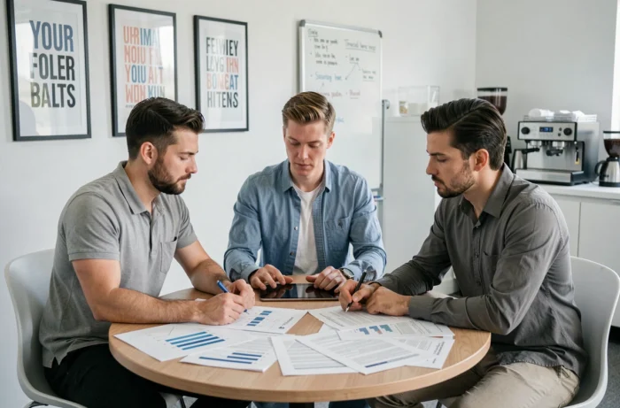 Groupe de professionnels collaborant autour de documents de recherche d'emploi dans un bureau moderne et lumineux