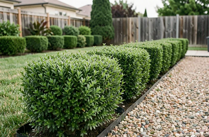 Haie basse persistante en buis ou pittosporum taillée soigneusement en bordure d'une zone d'assainissement dans un jardin résidentiel