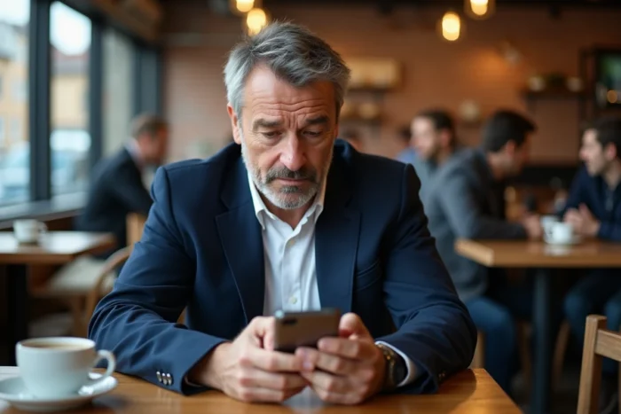 Homme consultant son smartphone dans un café face à un problème d'accès à un site de streaming
