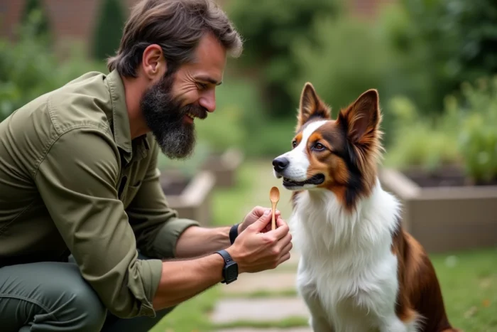 Homme proposant un complément naturel à l'huile de coco à son border collie dans un jardin avec des parterres d'herbes aromatiques
