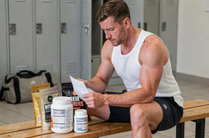 Homme musclé comparant différentes poudres de protéine dans un vestiaire de salle de sport