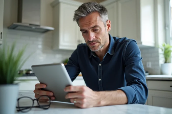 Homme consultant son espace personnel Urssaf sur une tablette dans une cuisine moderne