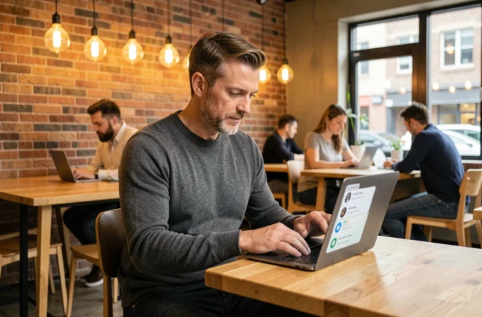 Homme consultant les actualités et innovations d'une plateforme entrepreneuriale dans un espace de co-working moderne