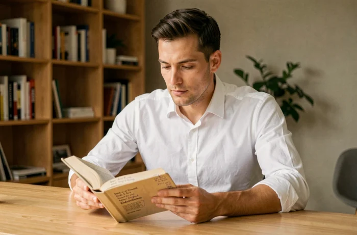 Homme en développement personnel lisant un livre de réussite dans un bureau moderne et minimaliste