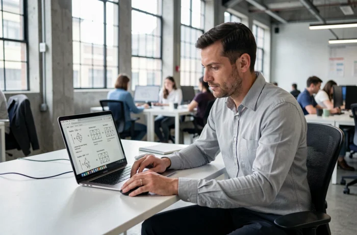 Homme concentré s'entraînant à des exercices de tests psychotechniques en ligne sur un ordinateur portable dans un bureau moderne en open space