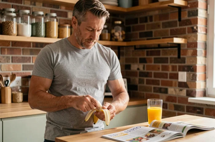 Homme épluchant une banane dans une cuisine chaleureuse avec un magazine de nutrition ouvert sur le comptoir