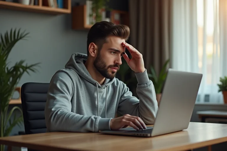Homme frustré devant un écran d'ordinateur affichant une erreur de streaming en ligne