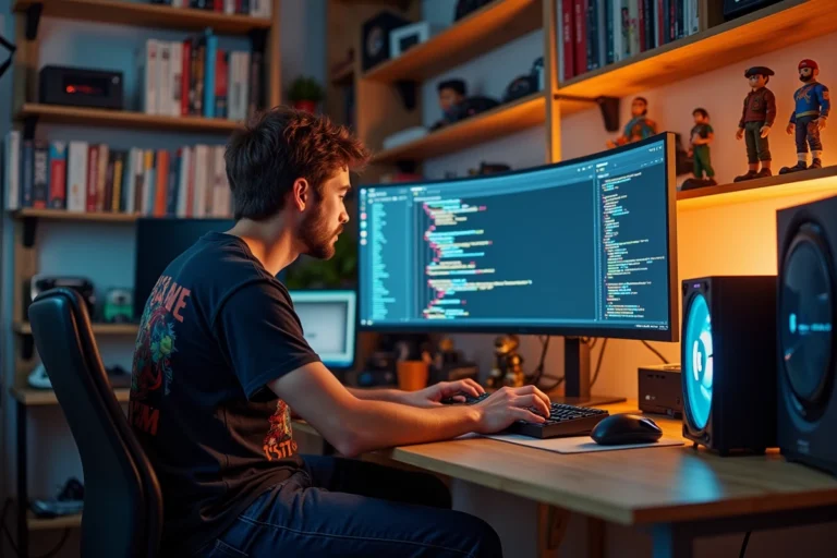 Jeune homme passionné de geek culture travaillant sur son PC gaming dans un bureau décoré de figurines et de mangas
