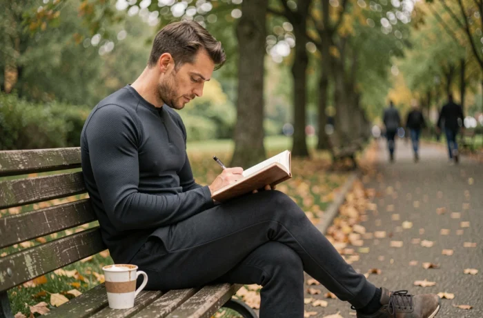 Homme écrivant dans un journal personnel dans un parc en automne pour illustrer la croissance personnelle