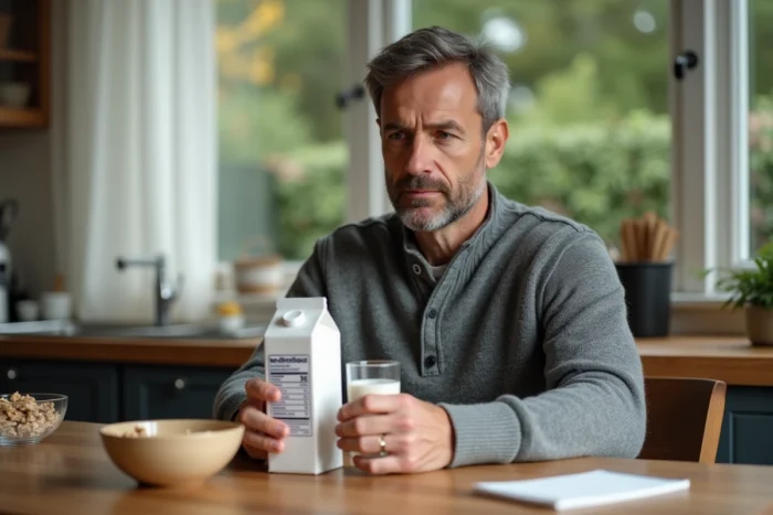 Homme lisant l'étiquette nutritionnelle d'un carton de lait pour comparer la teneur en protéines au petit-déjeuner