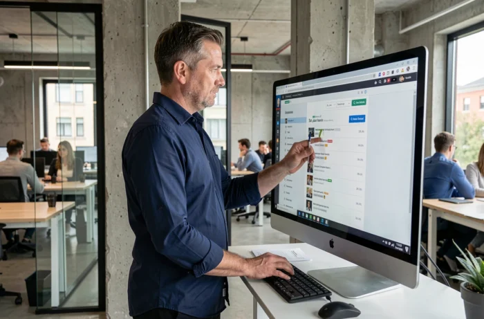 Homme naviguant sur un site d'offres d'emploi depuis un espace de travail moderne en open space