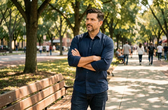 Homme dans un parc urbain adoptant une posture de protection émotionnelle face aux relations hypocrites au quotidien
