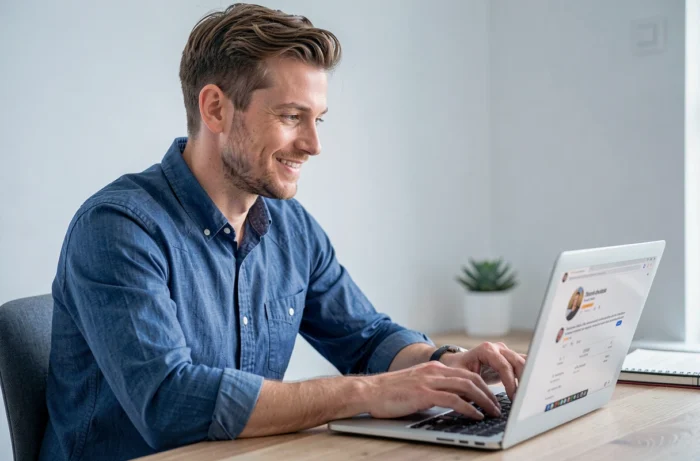Homme consultant un profil de rencontre Meetic sur ordinateur portable dans un bureau à domicile